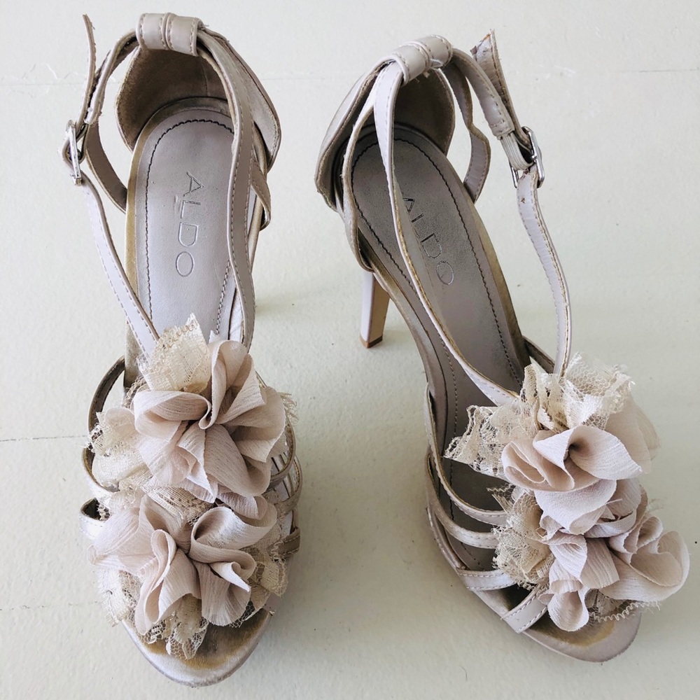 Aldo Tan Satin Ruffle Heels Leather Accents